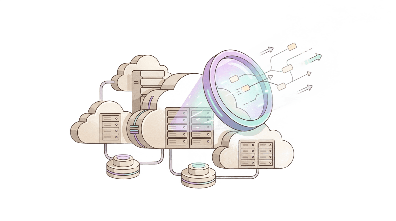Cloud Diagrams-Oberfläche mit einer Live-Infrastrukturkarte, verbundenen Services, Kosten-Overlays und Abhängigkeitslinien über AWS und Google Cloud