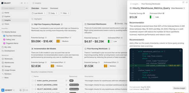 PerfectScale insights screen showing optimization opportunities and inefficient query analysis